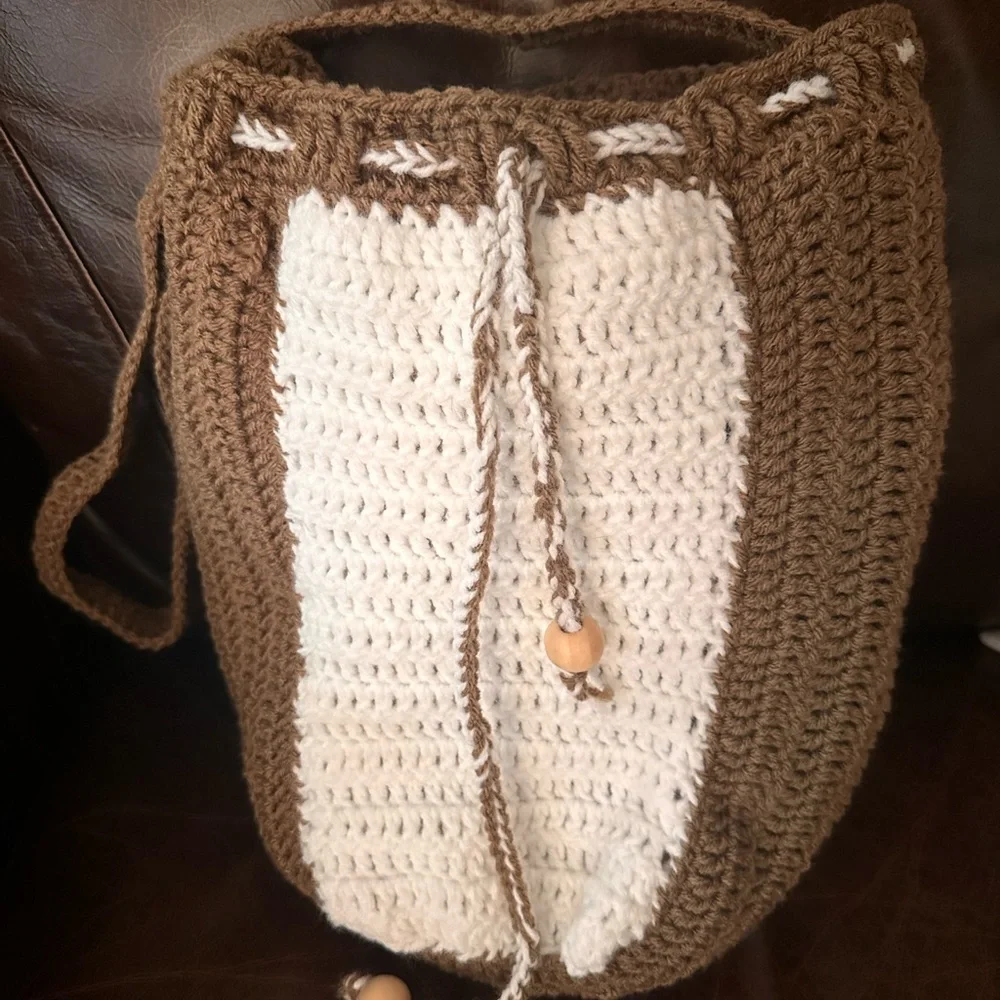 Handcrafted bohemian style hobo hand knit crochet bucket handbag tote purse